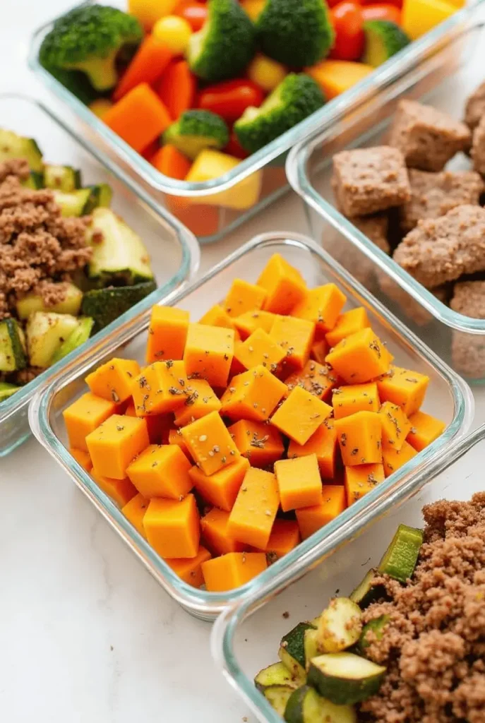 Meal prep containers with herb-seasoned sweet potato cubes from sweet potato air fryer recipes paired with proteins and vegetables.