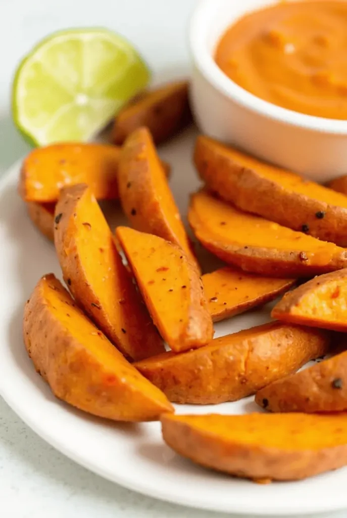Seasoned sweet potato wedges from sweet potato air fryer recipes served with smoky chipotle dip and lime.