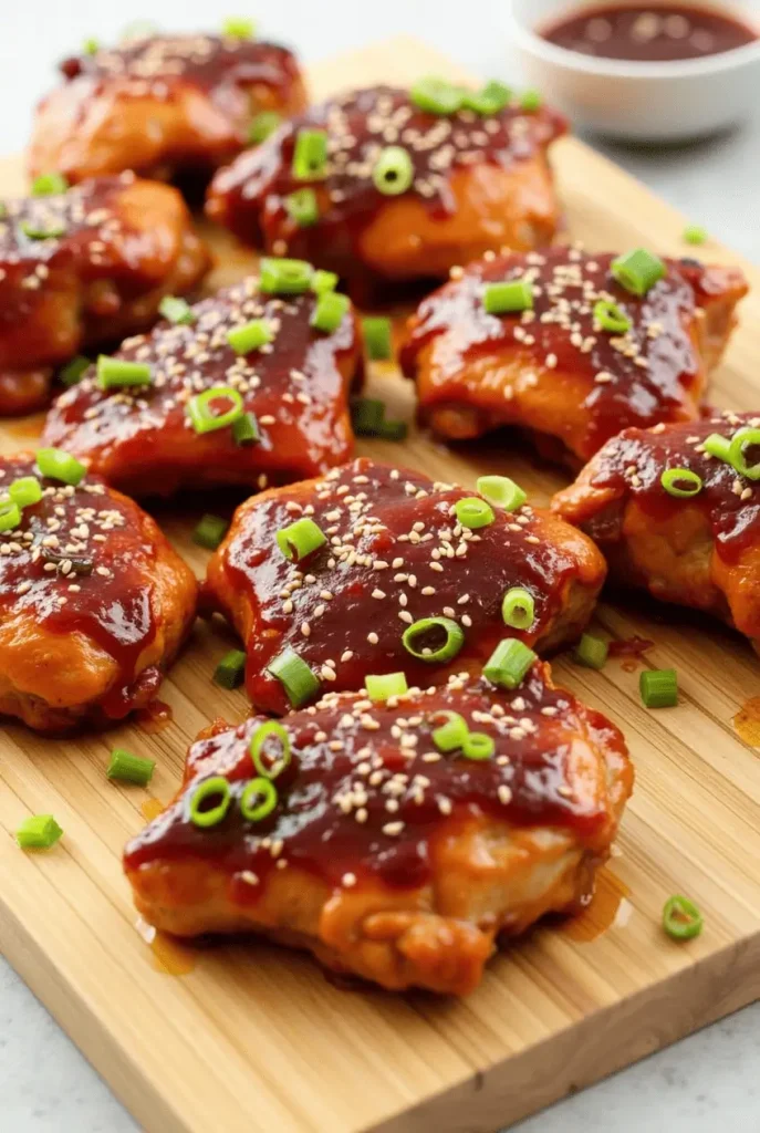 Glazed honey sriracha chicken thighs air fryer recipes with sesame seeds and green onions on a wooden serving board.