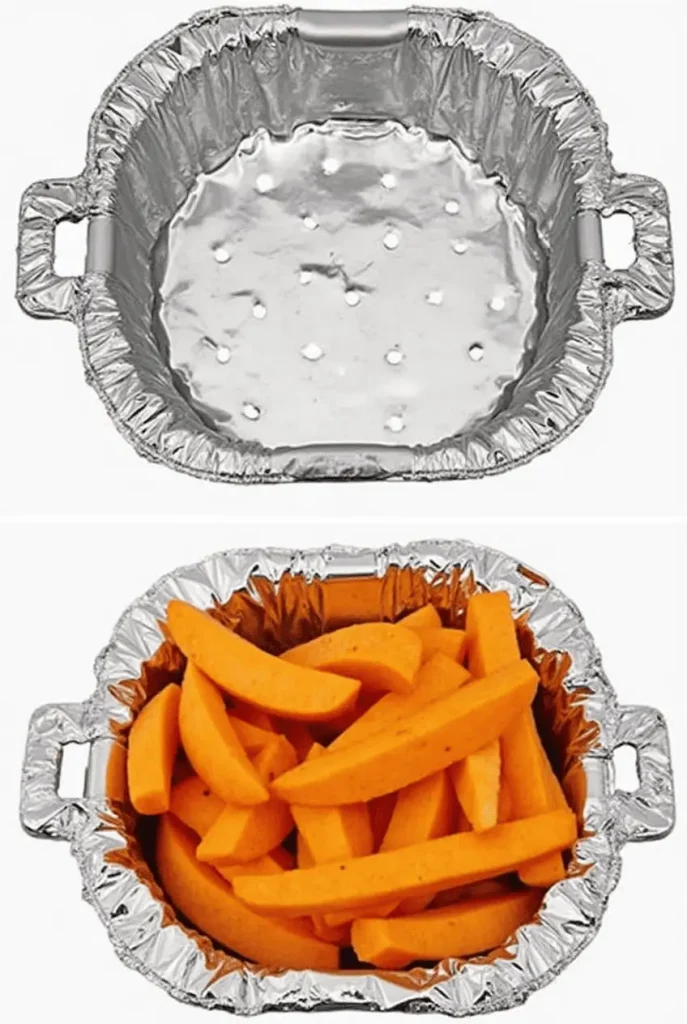 A custom aluminum foil liner with airflow holes placed in a Gourmia air fryer basket, showing how this simple hack prevents sticking and makes cleanup effortless.