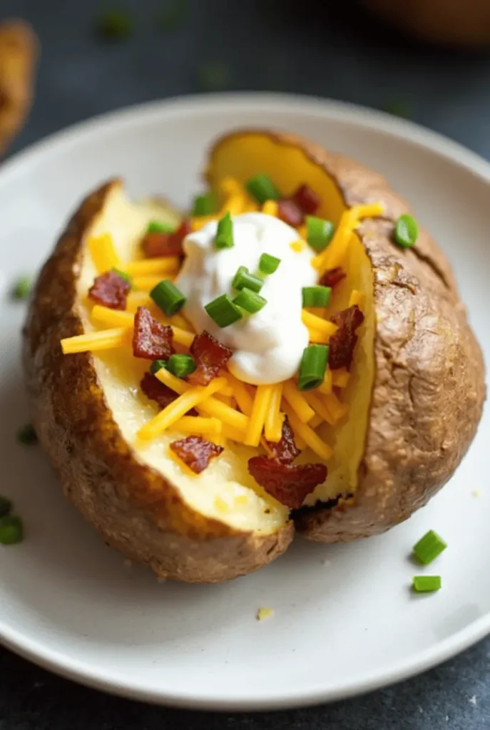 Classic loaded baked potato air fryer recipe featuring crispy skin, melty cheese, bacon, and chives on a fluffy interior