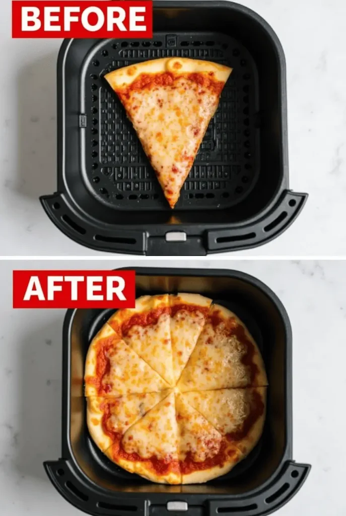 A Gourmia air fryer reheating pizza with the water trick technique, showing how a tablespoon of water creates perfectly crispy yet moist reheated food.
