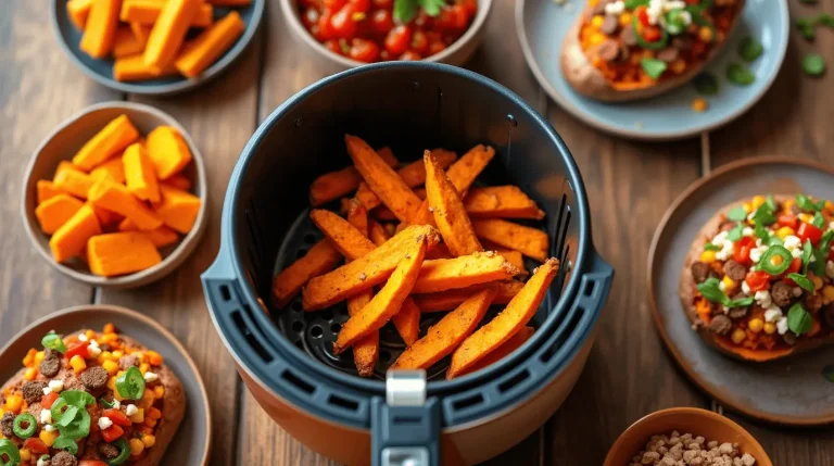 Array of crispy, golden sweet potato air fryer recipes including fries, wedges, and loaded sweet potatoes freshly made in an air fryer
