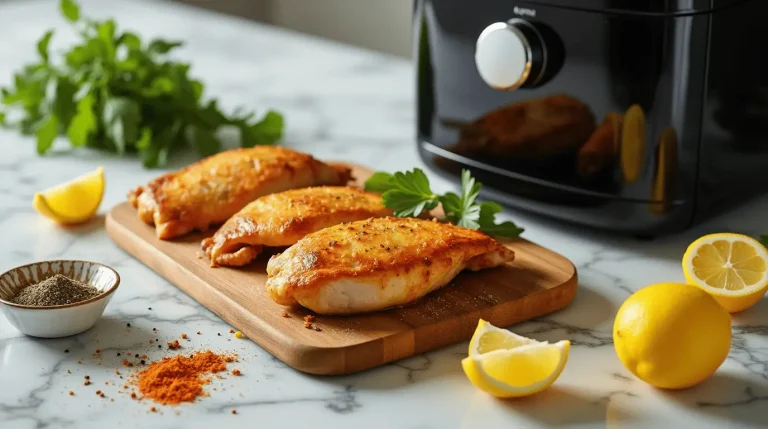 Juicy golden chicken breasts air fryer recipes arranged on wooden board with herbs and seasonings