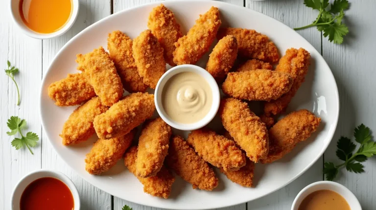A mouthwatering collection of crispy, golden chicken tender air fryer recipes arranged on a white platter with various dipping sauces, showcasing different coating styles and seasonings.