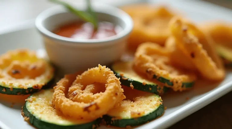 Golden crispy air fryer recipes zucchini arranged in a spiral pattern with dipping sauce, showcasing the perfect crunch and seasoning