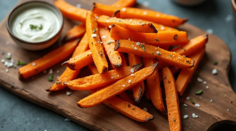 Crispy golden air fryer recipes sweet potato fries arranged on a wooden serving board with a side of creamy dipping sauce.