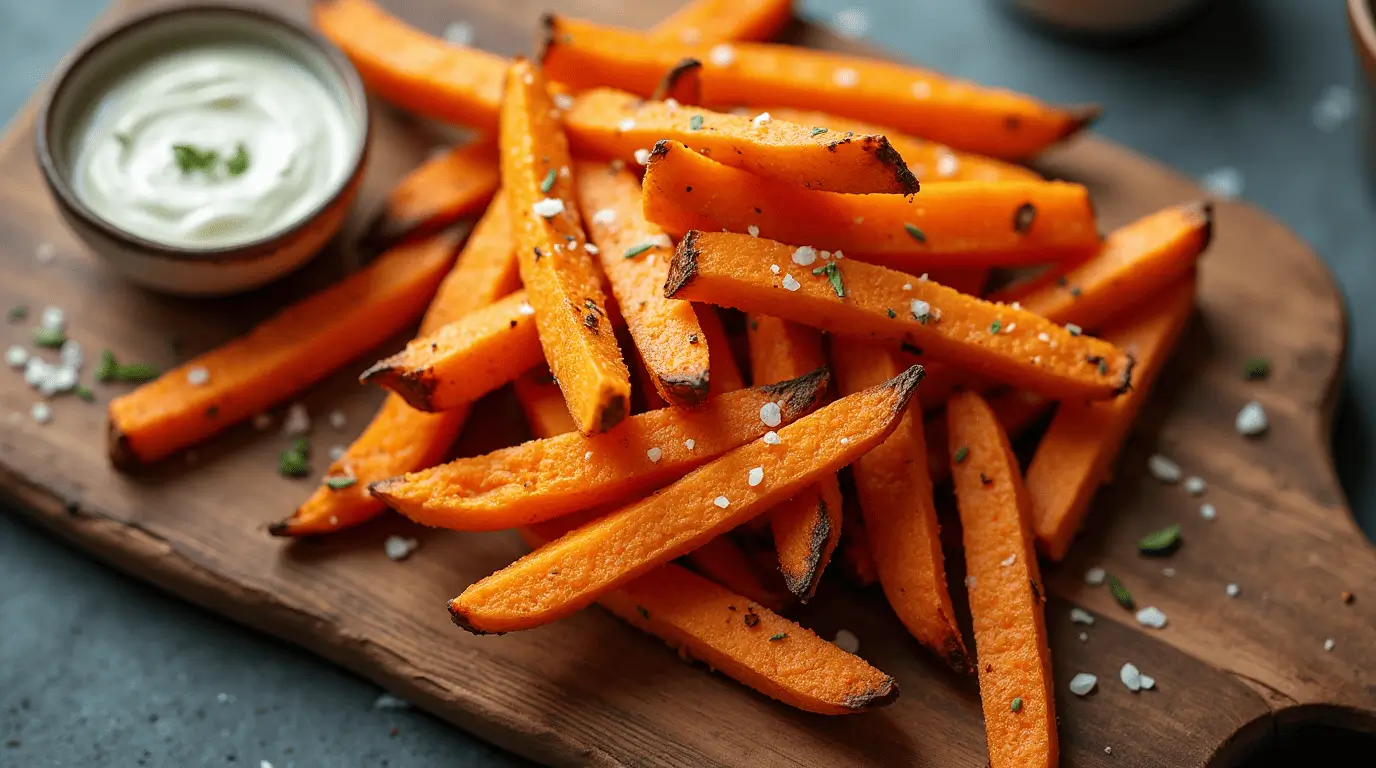 Crispy golden air fryer recipes sweet potato fries arranged on a wooden serving board with a side of creamy dipping sauce.