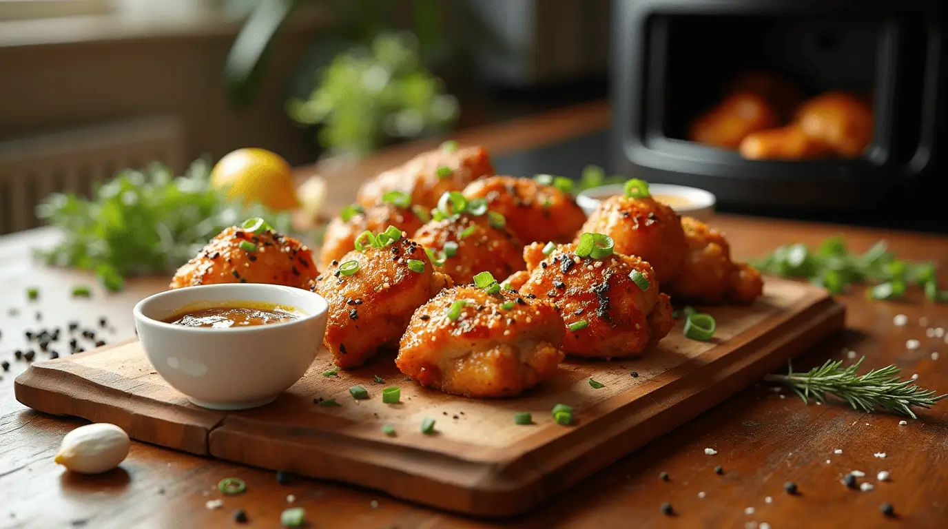 Assortment of juicy chicken thighs air fryer recipes showcasing four different preparations: crispy garlic parmesan, sticky honey glazed, herb-crusted Mediterranean, and BBQ glazed thighs arranged on a wooden board with dipping sauces and an air fryer visible in the background.