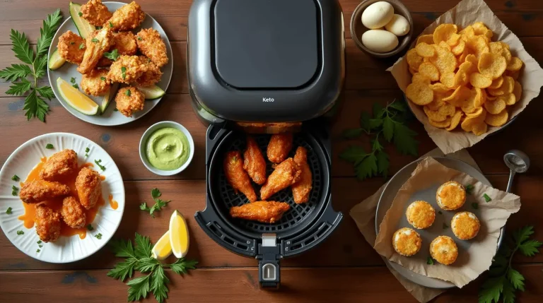 Vibrant display of colorful ketogenic air fryer recipes arranged around a sleek modern air fryer, showcasing the versatility of low-carb cooking.