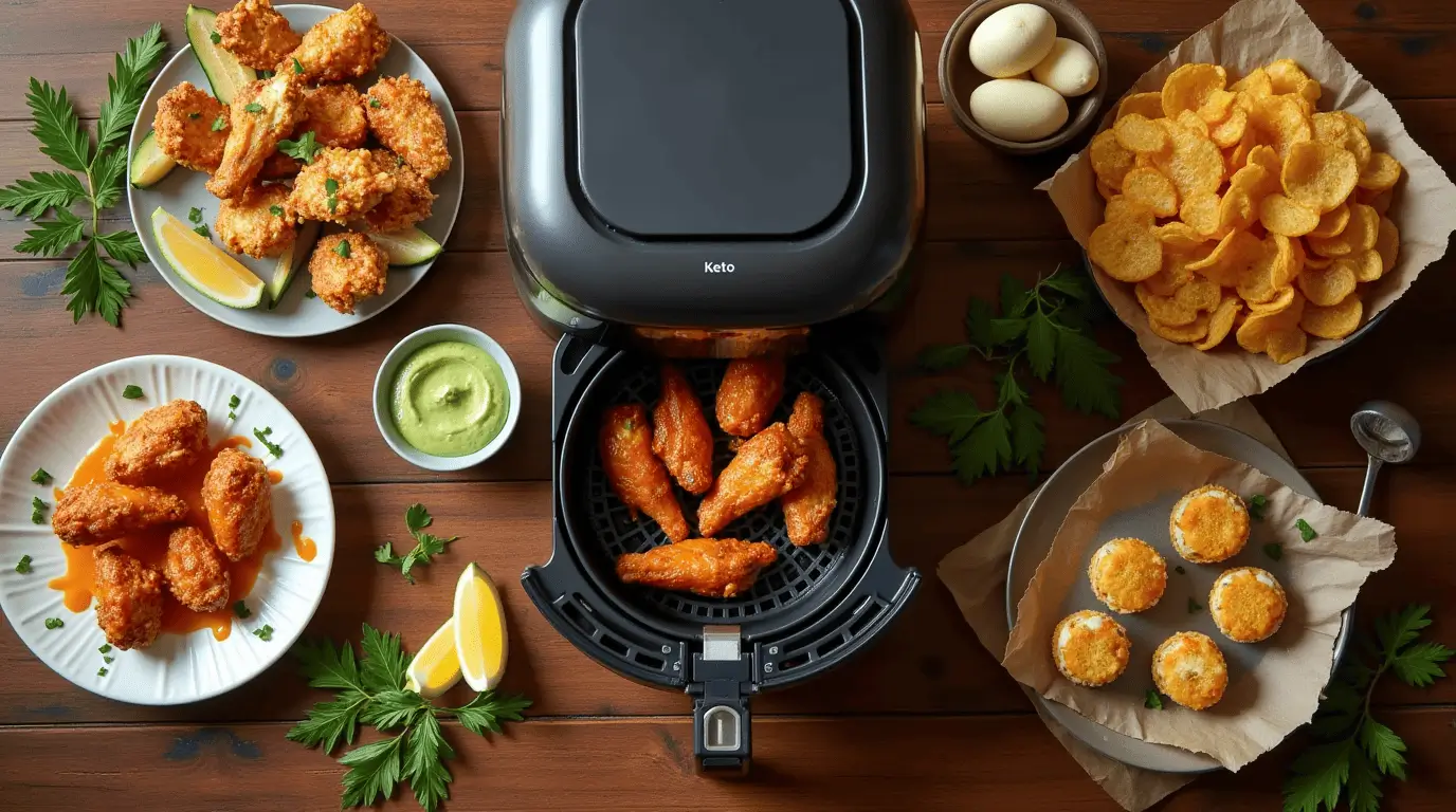 Vibrant display of colorful ketogenic air fryer recipes arranged around a sleek modern air fryer, showcasing the versatility of low-carb cooking.