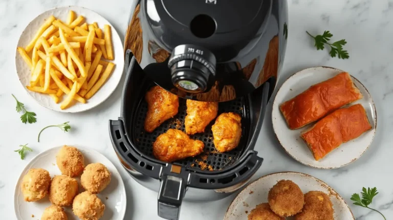 Variety of delicious foods prepared using Chefman air fryer recipes, including crispy wings, golden fries, and caramelized salmon arranged around a sleek black air fryer.